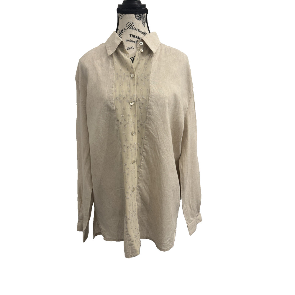 Olsen Collection Blouse Women’s Size 12 Beige Linen With Silk Trim Long Sleeve